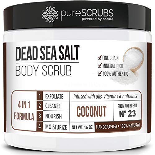 pureSCRUBS Premium Organic Body Scrub Set - INCLUDES spoon, loofah & soap - Large 16oz COCONUT BODY SCRUB Dead Sea Salt…