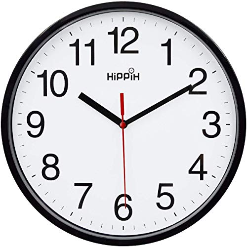 HIPPIH Clock Black Wall Clock Silent Non Ticking Quality Quartz - 10 Inch Round Easy to Read for Home Office & School…