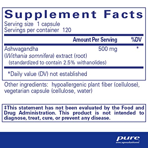 Pure Encapsulations Ashwagandha | Supplement for Thyroid Support, Joints, Adaptogens, Focus, and Memory* | 120 Capsules