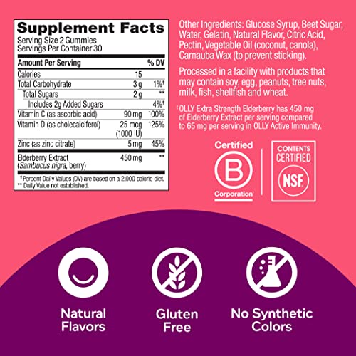 OLLY Extra Strength Elderberry Gummies, Immune Support, 450mg Elderberry, Vitamin C, D and Zinc, Berry - 60 Count