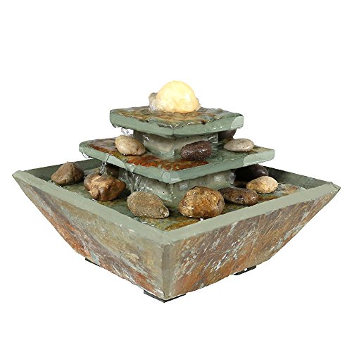 Sunnydaze 8-Inch Ascending Slate Tiered Tabletop Water Fountain with LED Light and Polished Stone Ball