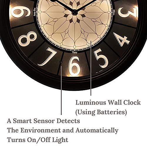 PresenTime & Co 12.6" Luminous Farmhouse Clock, Silent no Ticking, Oil Rubbed Bronze Finish, Vintage Style, Lighted Clock with Smart Sensor