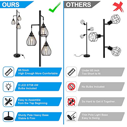 Lakumu Industrial Floor Lamp for Living Room, Tree Floor Lamp with 3 Elegant Teardrop Cage Heads & ST58 Edison LED Bulbs…