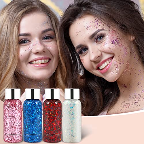 Body Glitter Gel Set 4 Colors Sequins Chunky Glitter Gel Colorful Eyeshadow Glitter Holographic Body Gel for Festival…