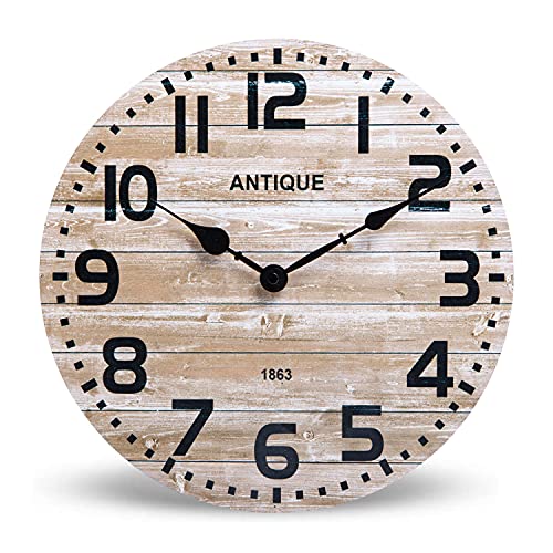 NIKKY HOME Farmhouse Wooden Wall Clock - 12 Inch Battery Operated Silent Non Ticking Vintage Rustic Distressed Wood…