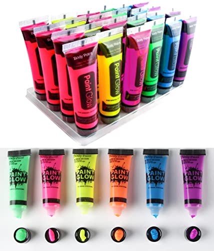 Quiet&Far Body Paint Set with tubes 24 x 25 ml / 1 fl oz Neon Glow in the dark paint face paint Blacklight Reactive…