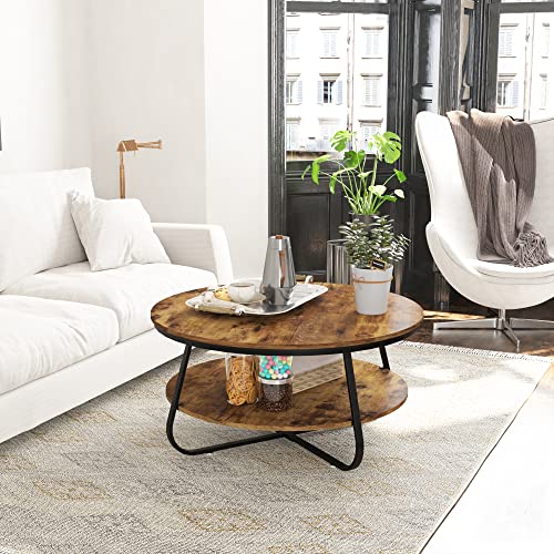 Elephance Round Coffee Table with Storage, 35.8 Inch Industrial Wood Coffee Table with Metal Frame for Living Room…