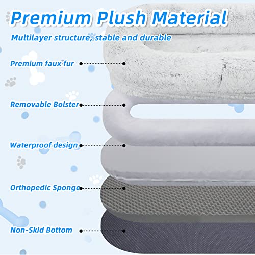 WROS Human Dog Bed, 71"x45"x14" Dog Beds for Humans Size Fits You and Pets, Washable Faux Fur Human Dog Bed for People Doze Off, Napping Orthopedic Dog Bed, Present Plump Pillow, Blanket, Strap - Grey