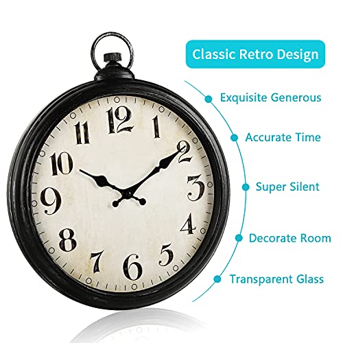 HOWJOY Black Round Retro Wall Clock Silent Non-Ticking Battery Operated European Old-Fashioned Design Vintage…