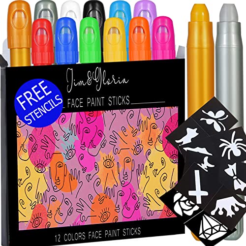 Jim&Gloria Face Paint Kit With Gold And Silver 12 Colors Large Washable Face & Body Painting Crayons with Stencils Kids…