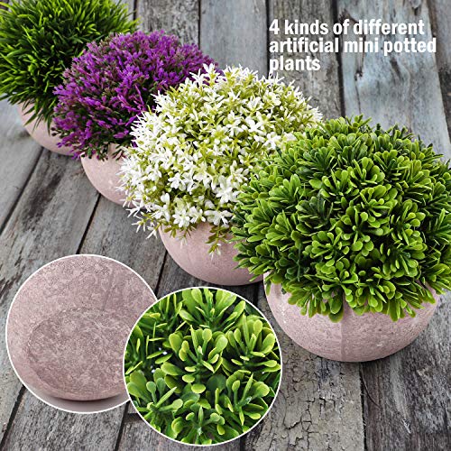 CEWOR 4pcs Small Artificial Plants, Fake Plants for Office Desk Bathroom Home Decoration, Mini Faux Topiary Shrubs